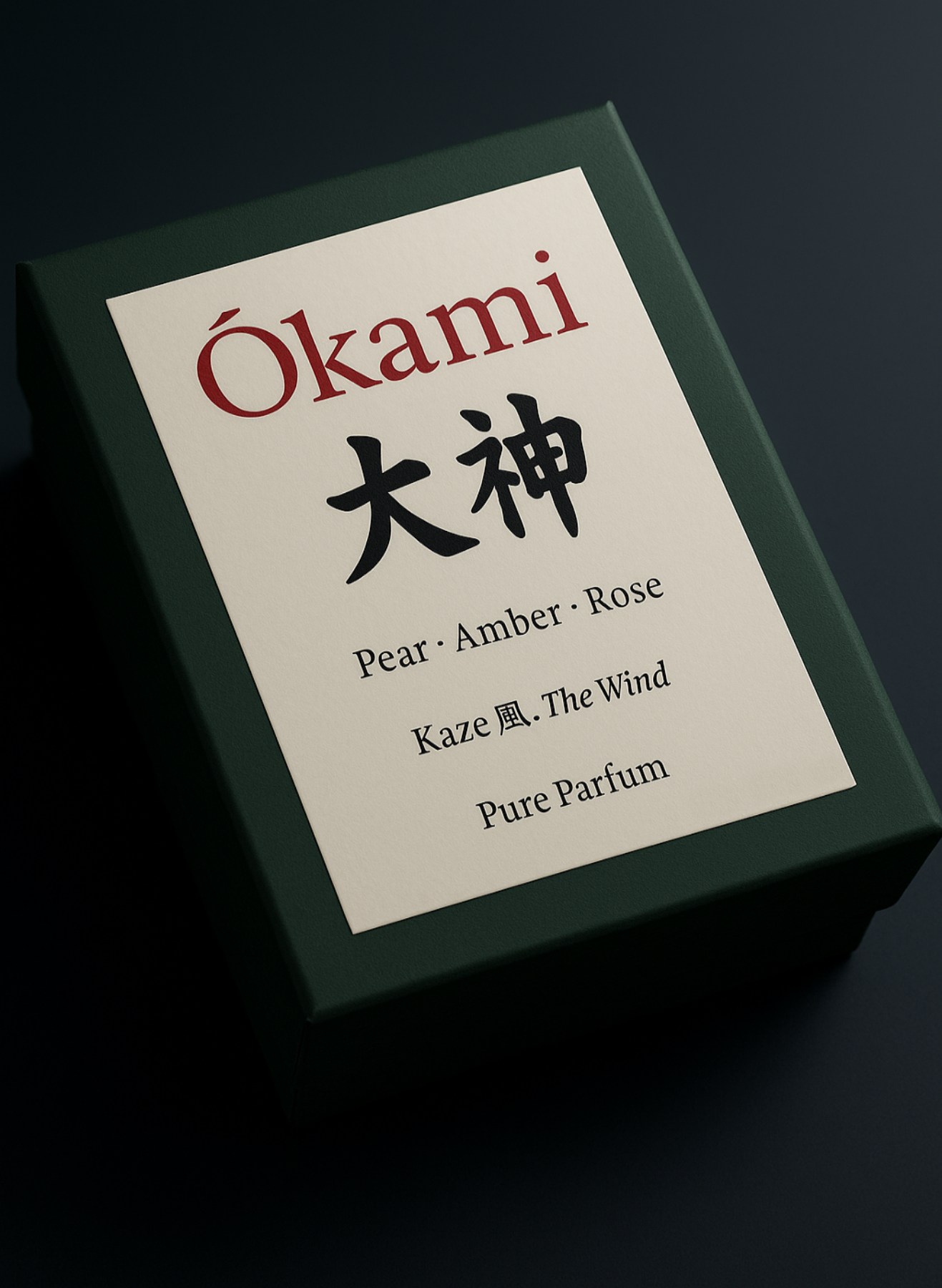Ókami Japanese Pure perfume Kaze with text on a dark background