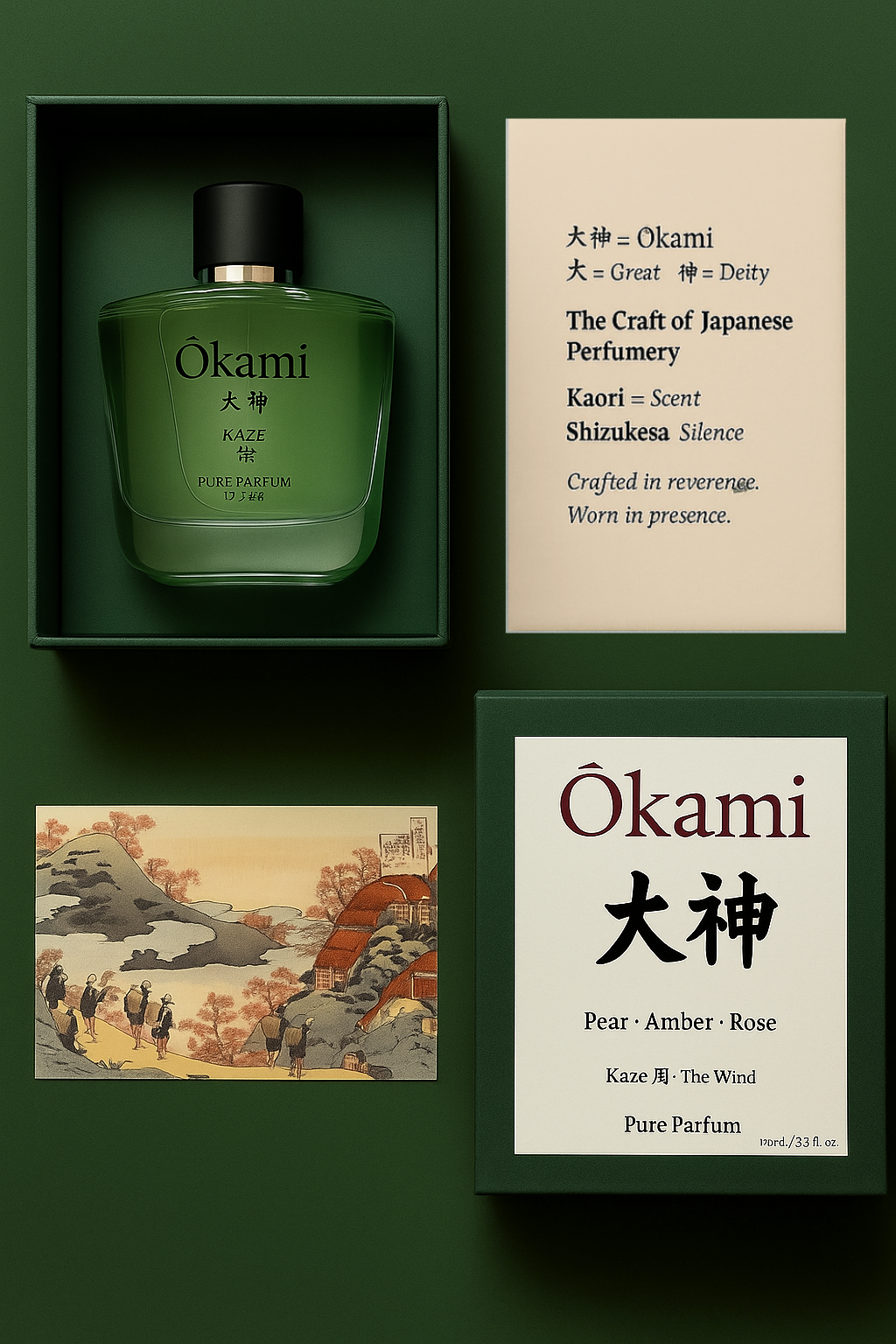 Okami Japanese Pure Perfume Kaze bottle with packaging and descriptions