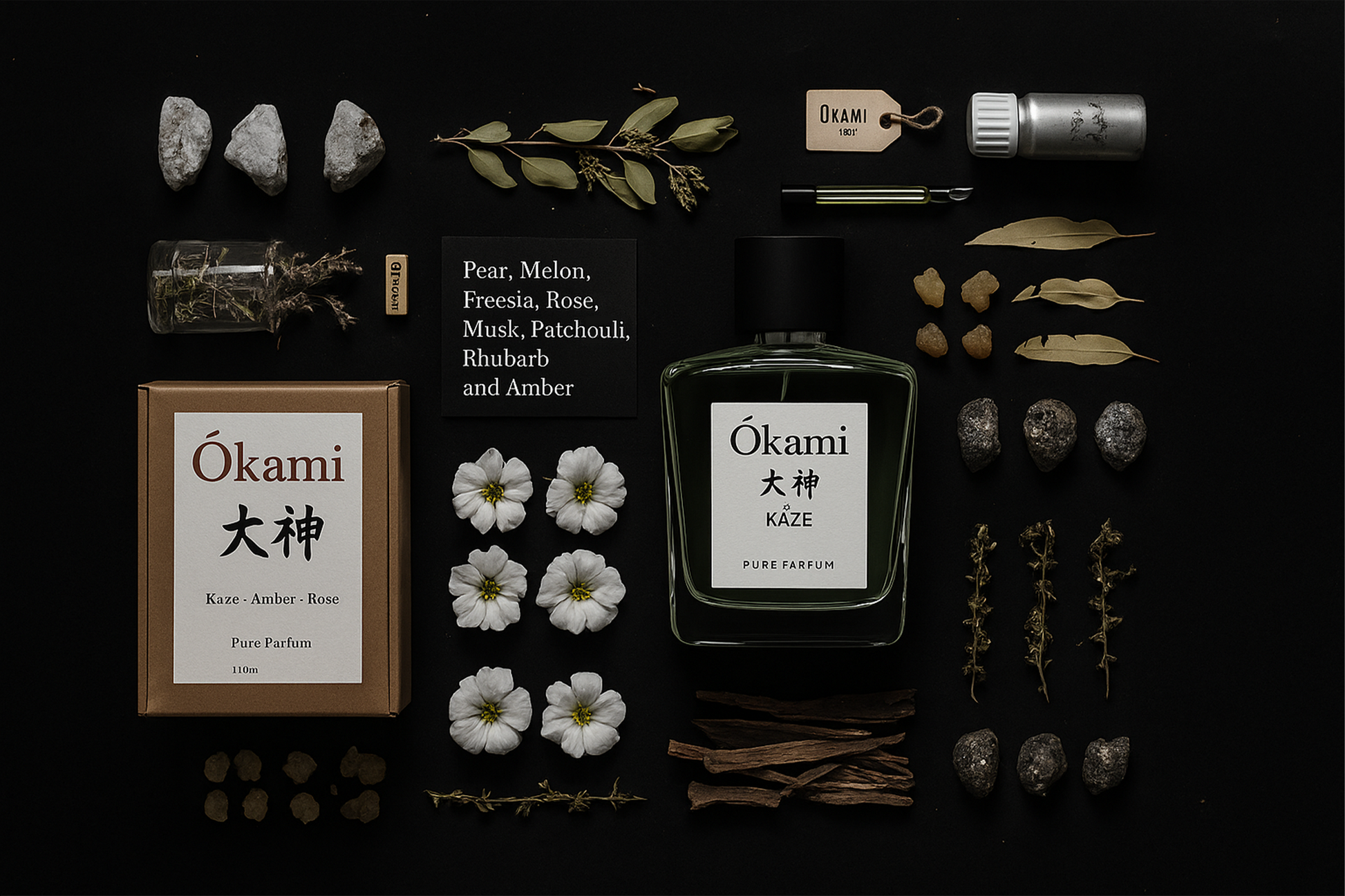 Collection of Ókami products Kaze including a bottle, packaging, and decorative elements on a dark background