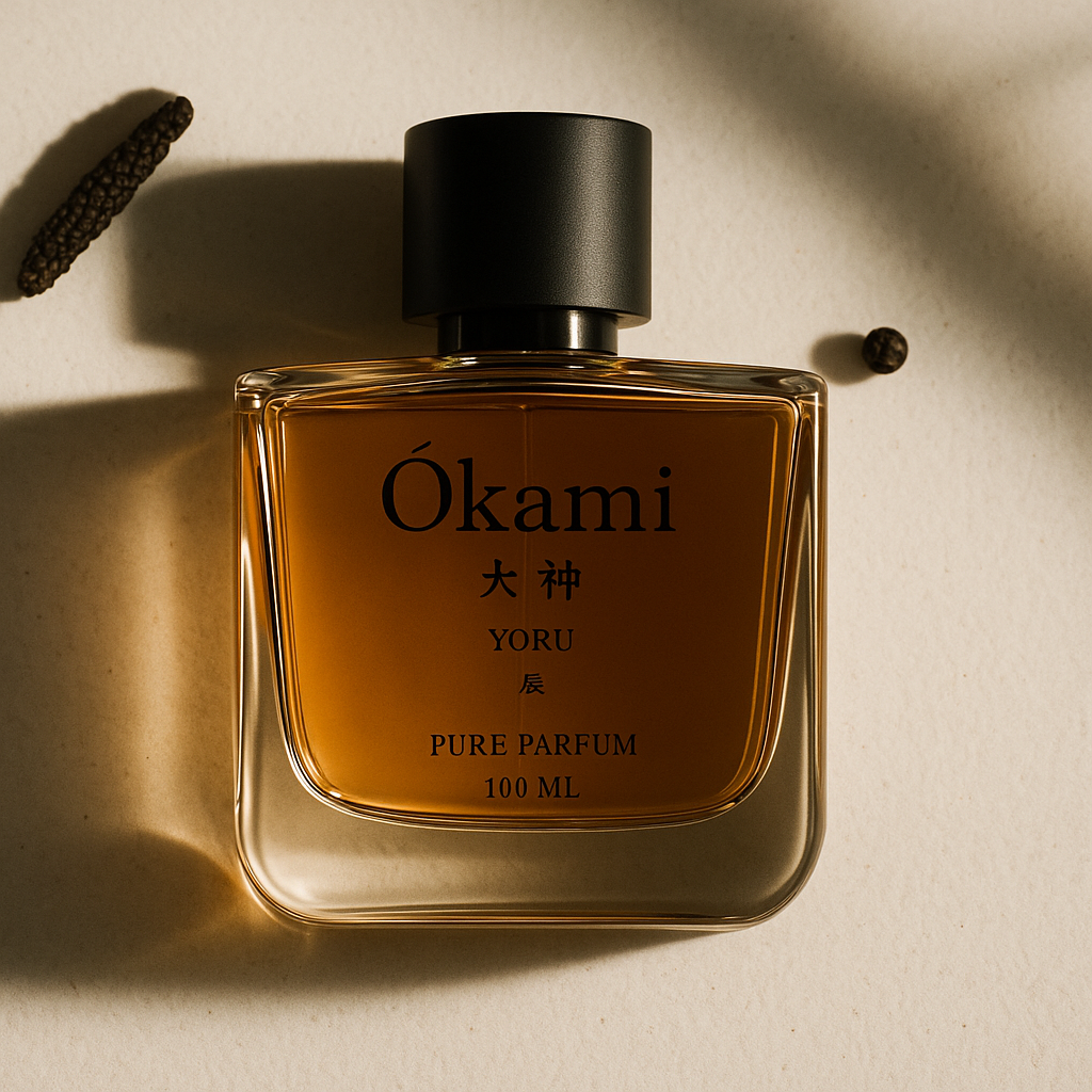 Ökami Yoru pure parfum bottle on a beige background
