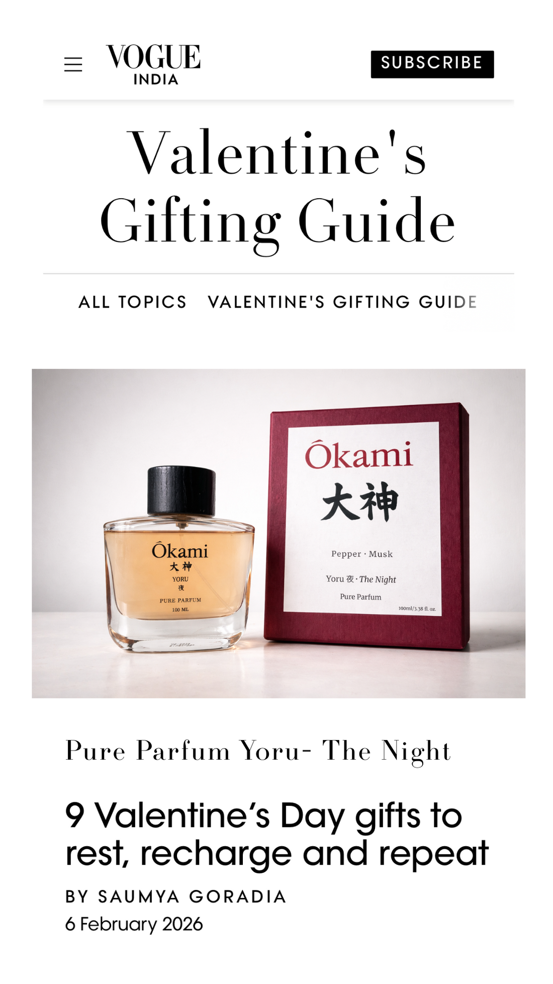 Okami Fragrances featured in Vogue India 9 Valentine’s Gifting