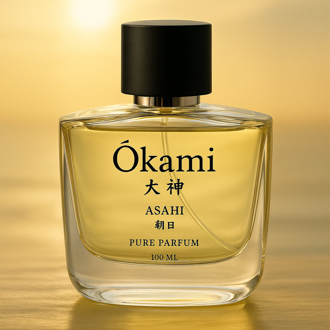 Okami Asahi perfume bottle with a black cap on a gold gradient background