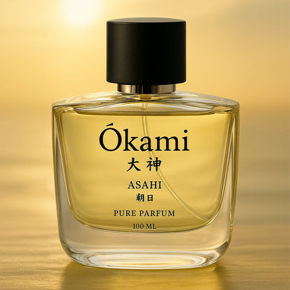 Okami Asahi perfume bottle with a black cap on a gold gradient background