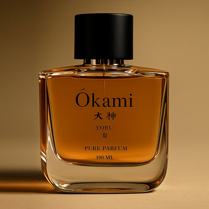 Okami pure parfum bottle on a beige background