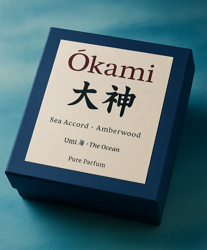 Blue box with 'Okami' branding and product details on a teal background