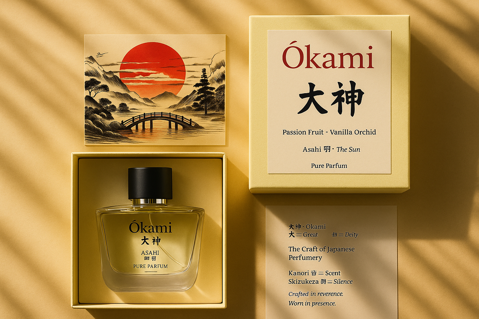 Okami perfume bottle and packaging on a beige background