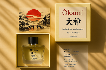 Okami perfume bottle and packaging on a beige background