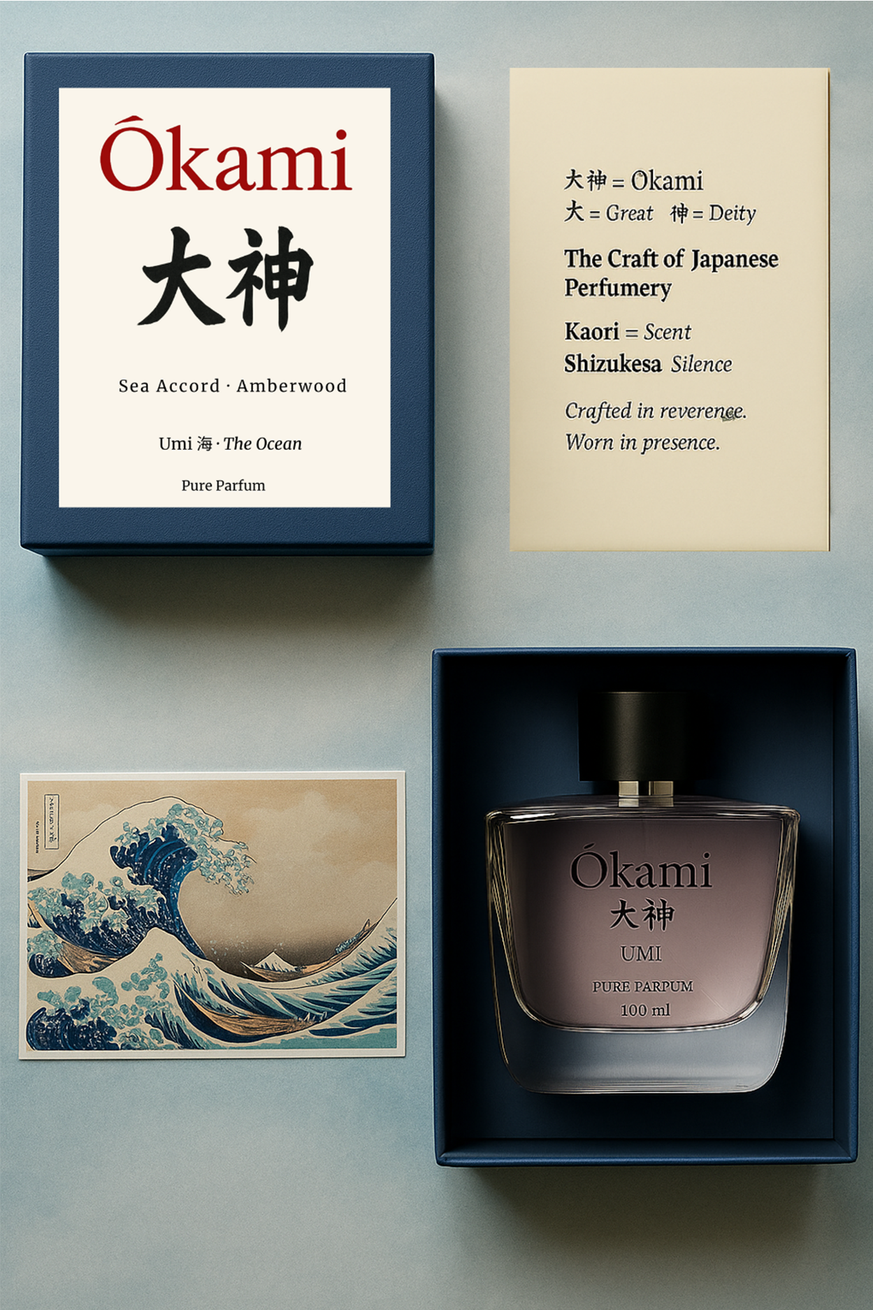 Okami perfume bottle and packaging on a light gray background