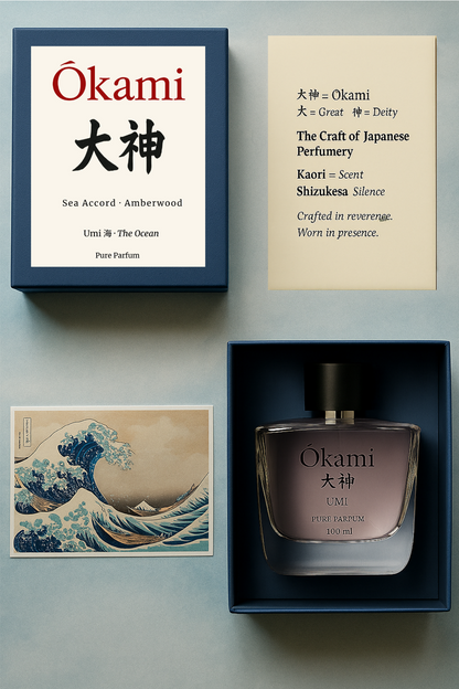 Okami perfume bottle and packaging on a light gray background
