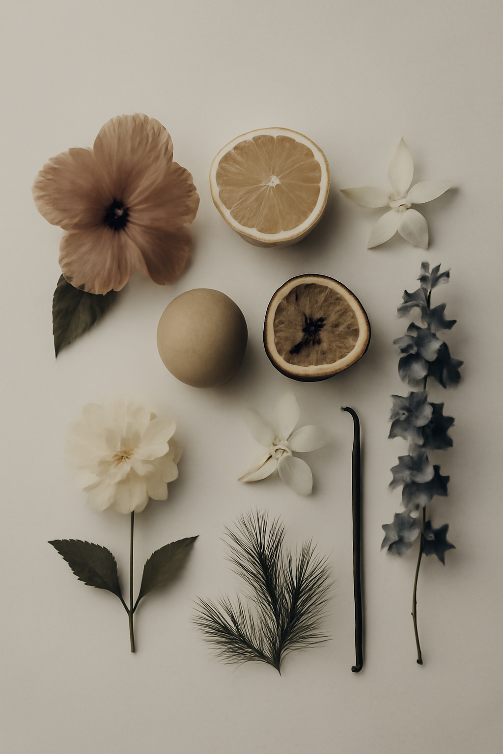 Okami Lifestyle Japanese Parfum Arrangement of flowers, fruits, and herbs on a neutral background