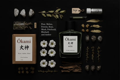 Collection of Ókami products Kaze including a bottle, packaging, and decorative elements on a dark background