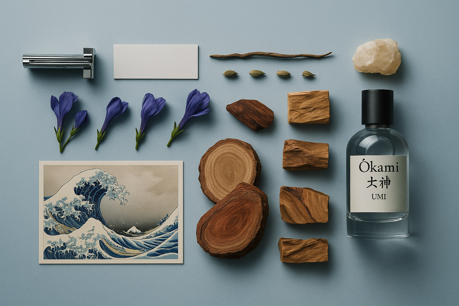Okami Umi perfume bottle with wooden slices, flowers, and a wave illustration