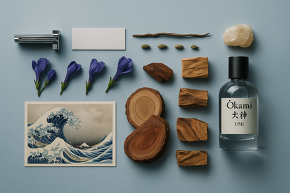 Okami Umi perfume bottle with wooden slices, flowers, and a wave illustration