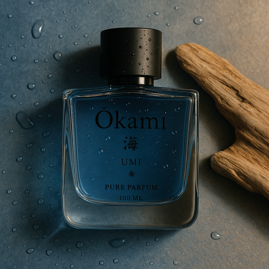 Blue Okami perfume UMI bottle on a textured surface with a cinnamon stick.