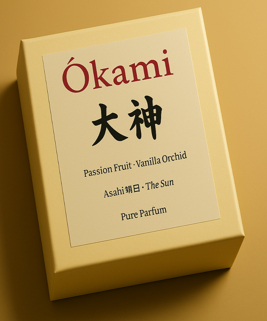 Yellow box with 'Okami' branding and product details on a yellow background