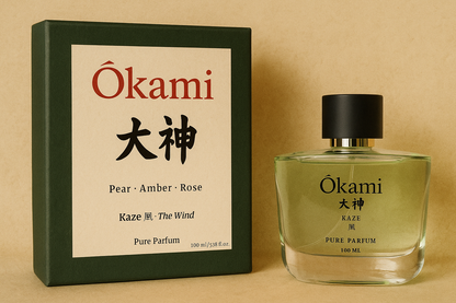 Okami perfume bottle and packaging on a beige background