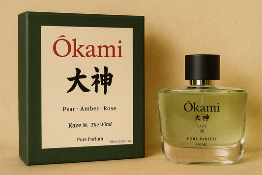 Okami perfume bottle and packaging on a beige background