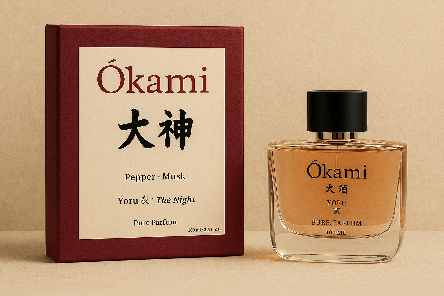 Ókami perfume bottle and packaging on a beige background