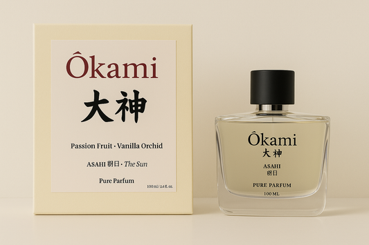 Okami perfume bottle and packaging on a beige background