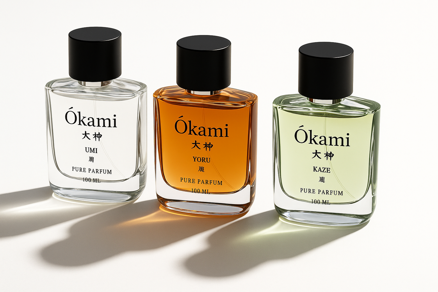 Three bottles of Japanese Okami Perfume