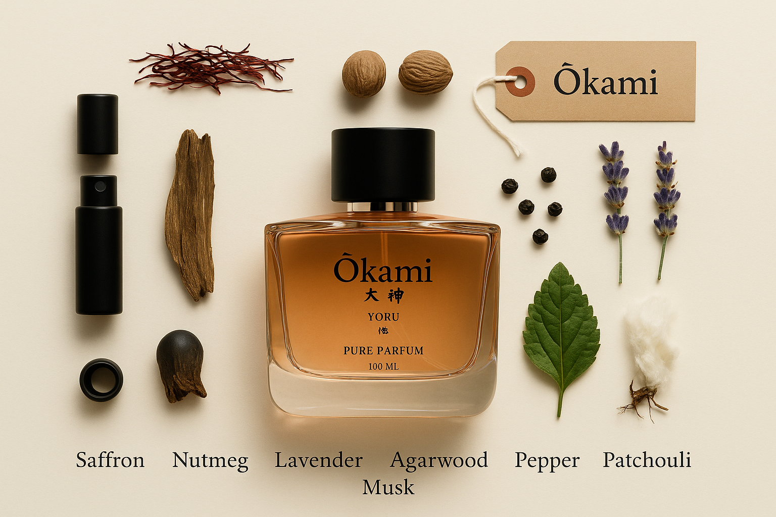 Okami perfume bottle with botanical elements on a beige background