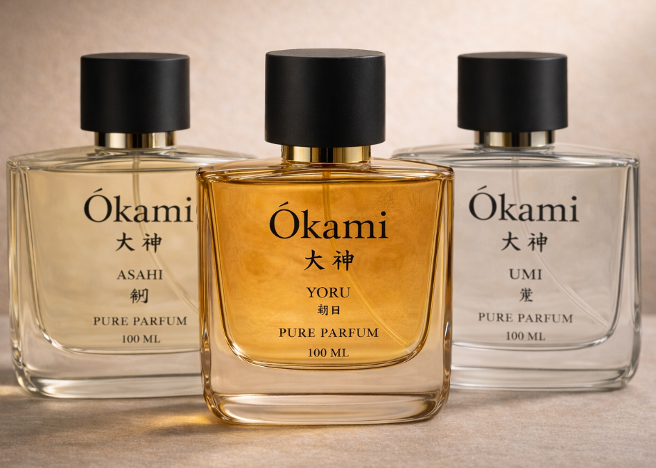 Three bottles of Okami perfume on a neutral background