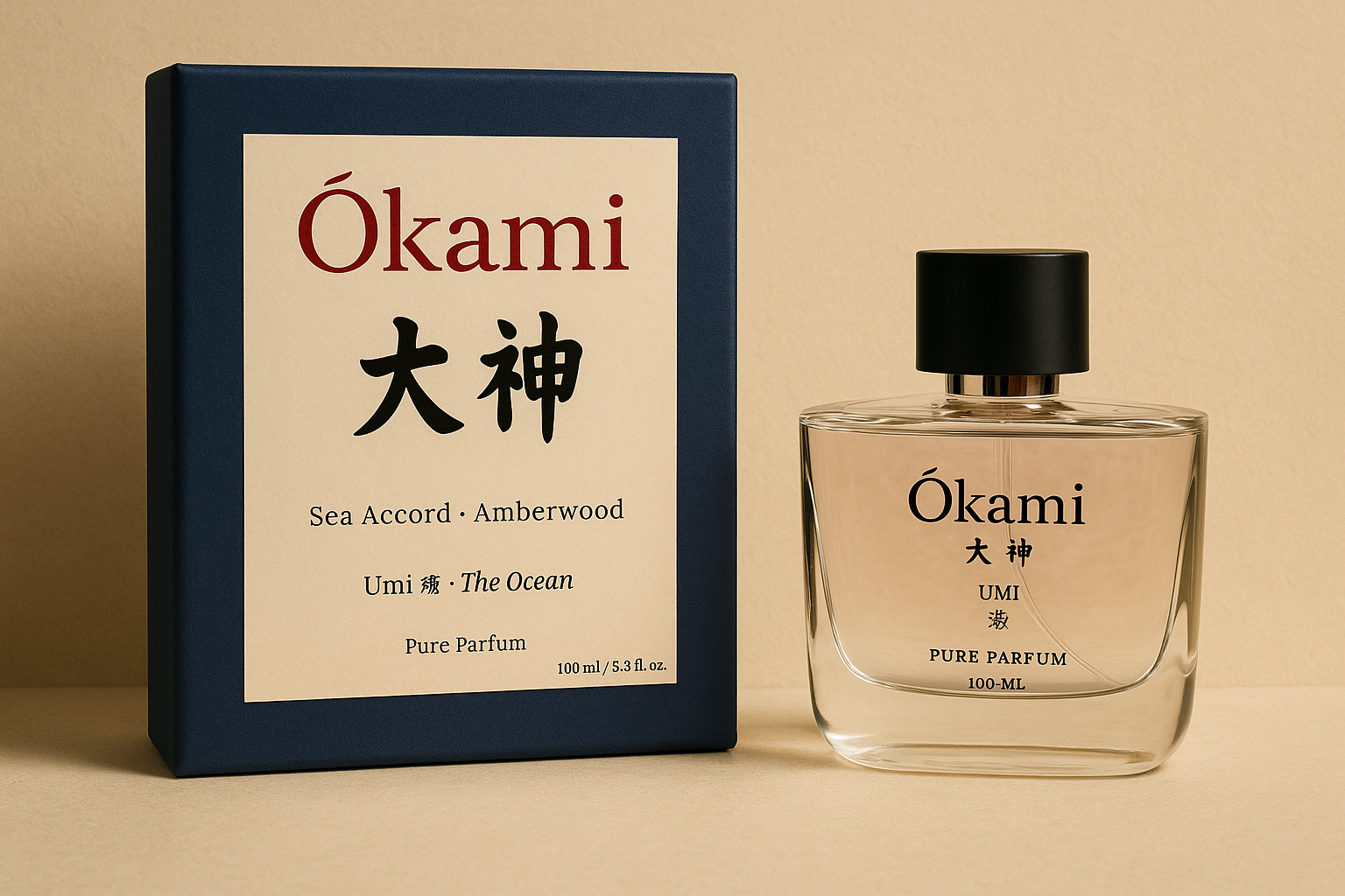 Ökami perfume bottle and packaging on a beige background
