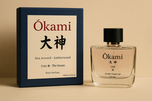 Ökami perfume bottle and packaging on a beige background