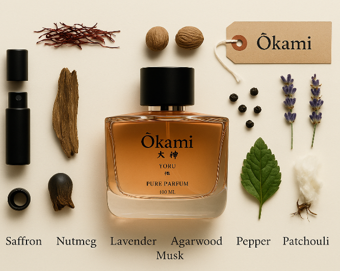 Okami perfume bottle with botanical elements on a beige background